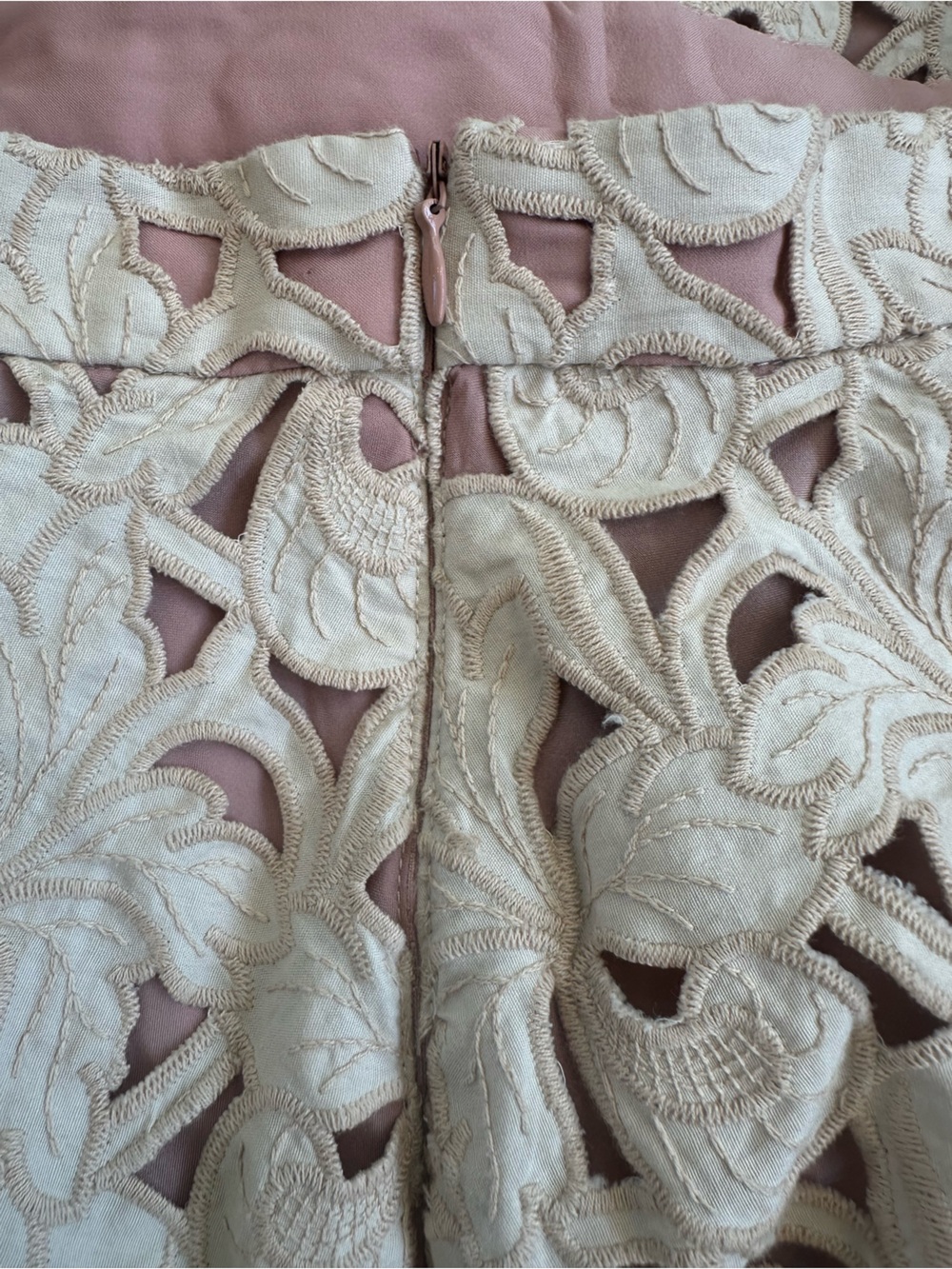 Ann Taylor Guipure Beige Blush Pink Flare 100% Cotton Floral Cut Out Knee Skirt - Picture 7 of 8